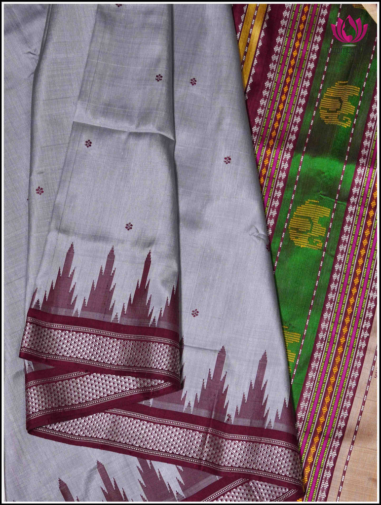 Berhampuri double pallu pure silk saree in Grey with Maroon border and vibrant pallu 1