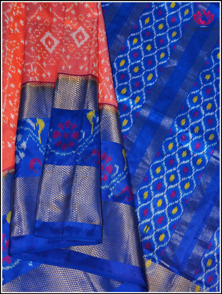Ikkat Kanchipuram soft silk saree in Orange with Blue border 1