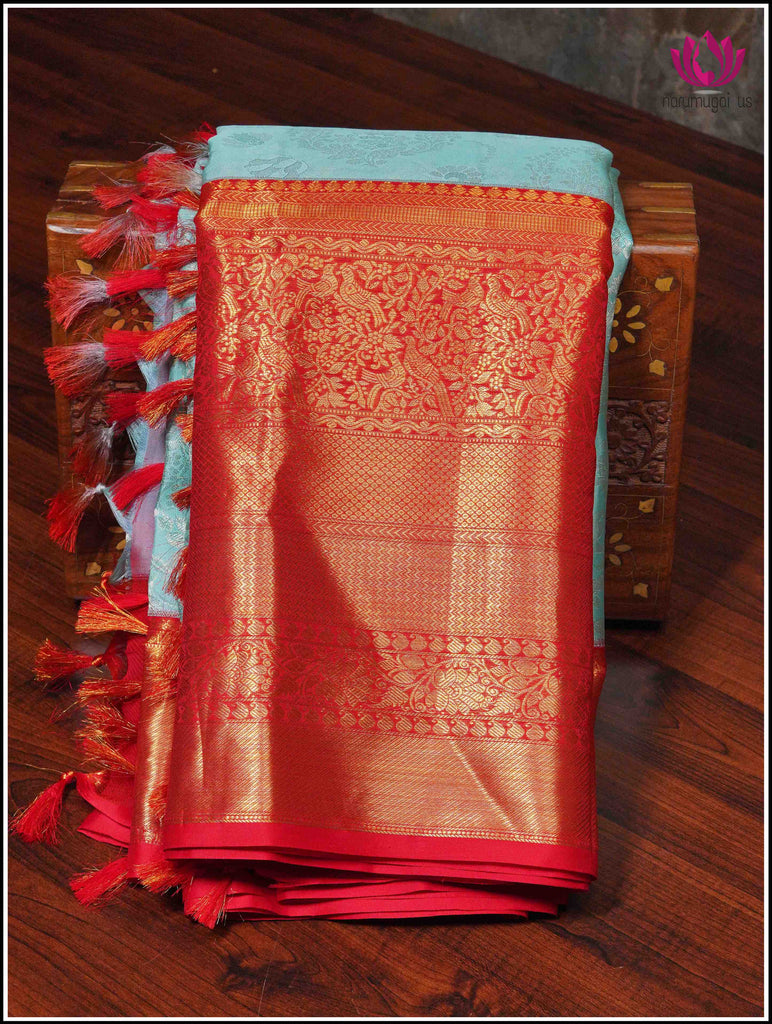 Kanchipuram Silk Saree in Light Green with Red Border with Silver and Gold Zari 3