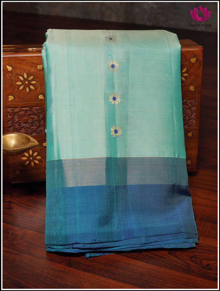 Kanchipuram Silk Saree in Teal Blue with Peacock Blue 13