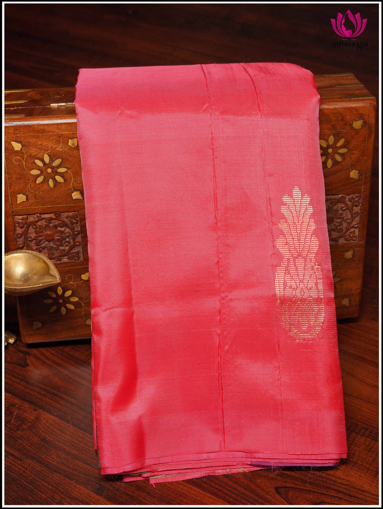 Vegan Silk Saree in Peachish Pink and green 11