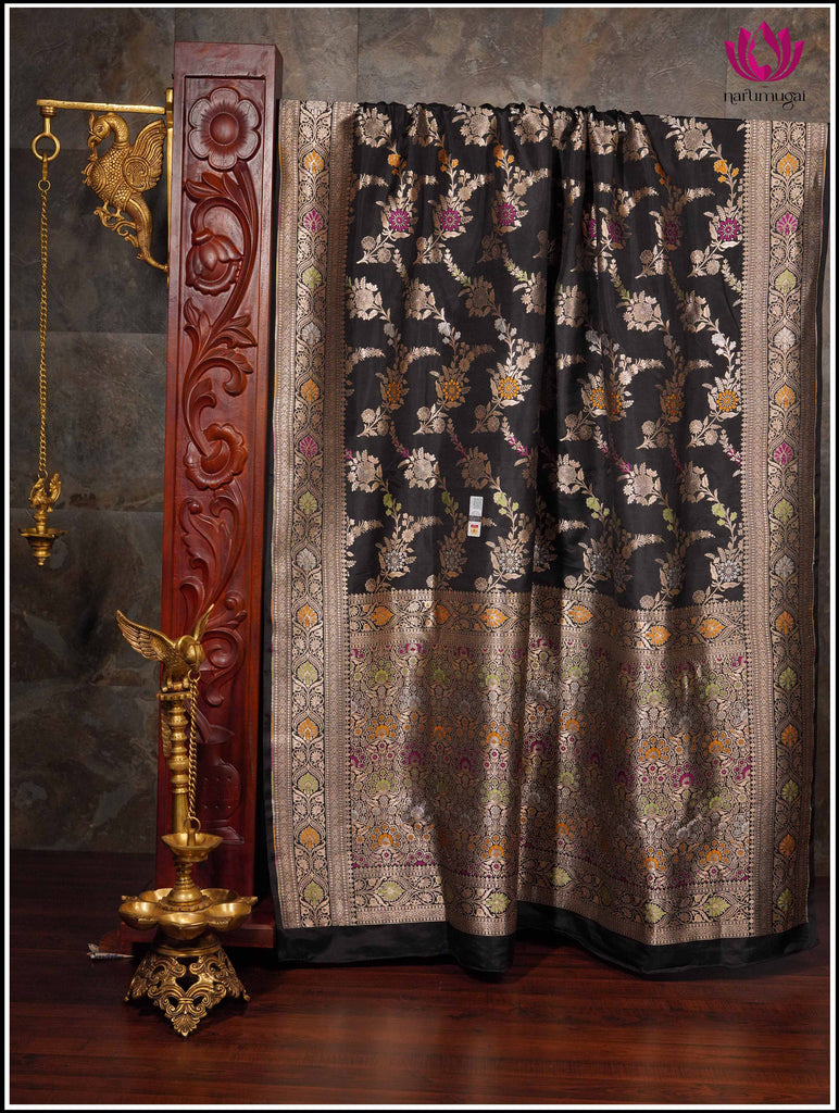 Banarasi Katan Silk in Black with Floral jaal and Meenakari weaving 12