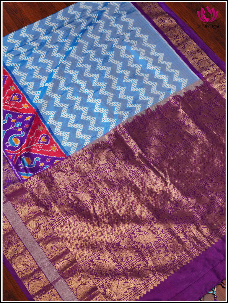 Ikkat Kanchipuram Silk Saree in Light Blue and Purple 2