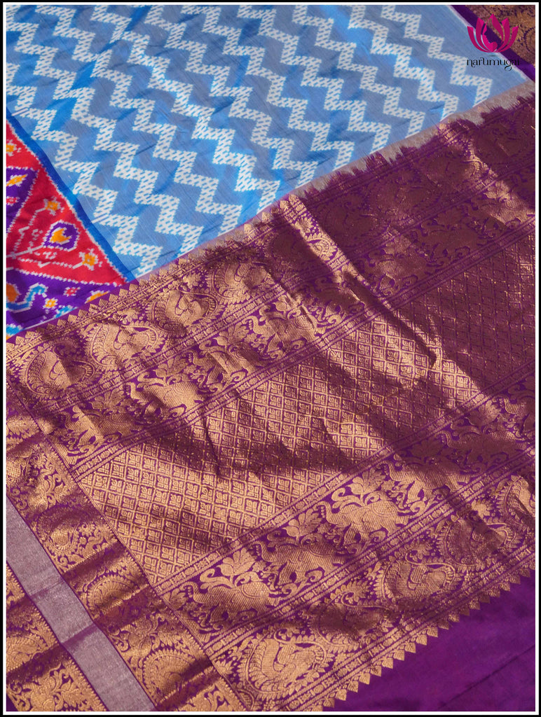 Ikkat Kanchipuram Silk Saree in Light Blue and Purple 4
