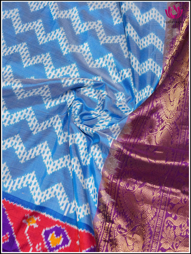 Ikkat Kanchipuram Silk Saree in Light Blue and Purple 6