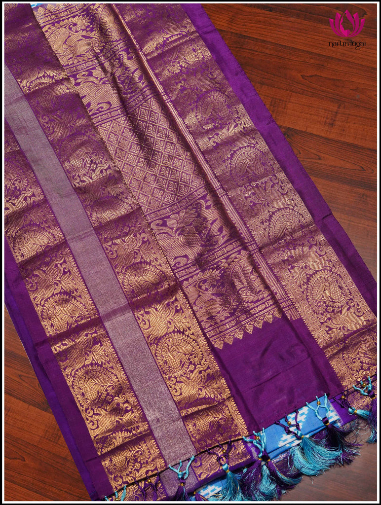 Ikkat Kanchipuram Silk Saree in Light Blue and Purple 8