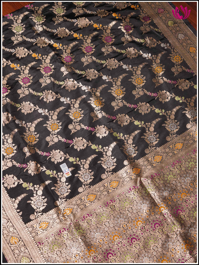 Banarasi Katan Silk in Black with Floral jaal and Meenakari weaving 11