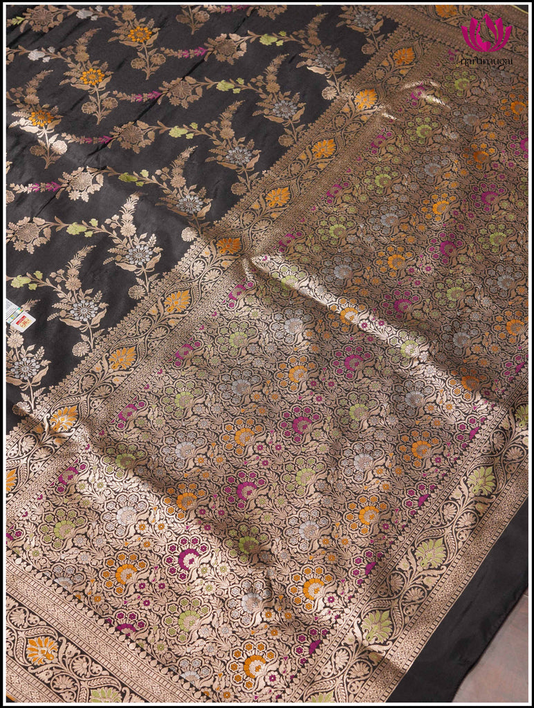Banarasi Katan Silk in Black with Floral jaal and Meenakari weaving 10