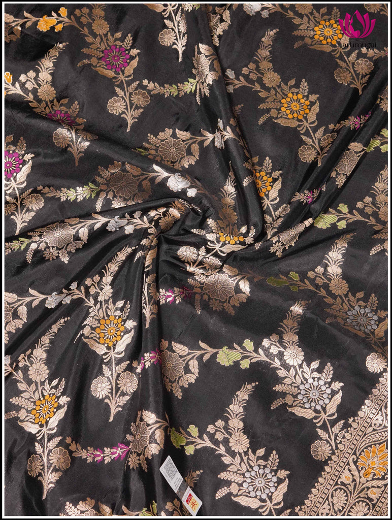 Banarasi Katan Silk in Black with Floral jaal and Meenakari weaving 5