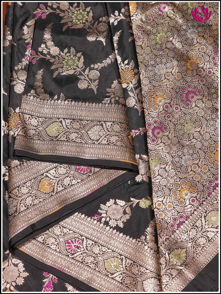 Banarasi Katan Silk in Black with Floral jaal and Meenakari weaving 3