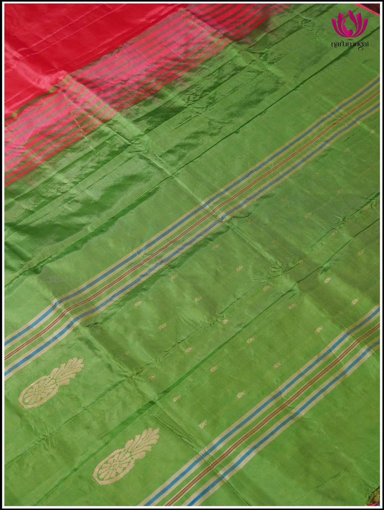 Vegan Silk Saree in Peachish Pink and green 7