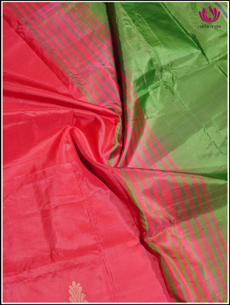 Vegan Silk Saree in Peachish Pink and green 5