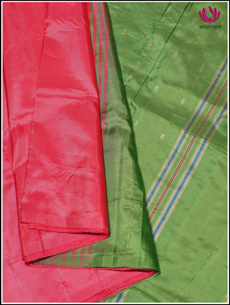 Vegan Silk Saree in Peachish Pink and green 4