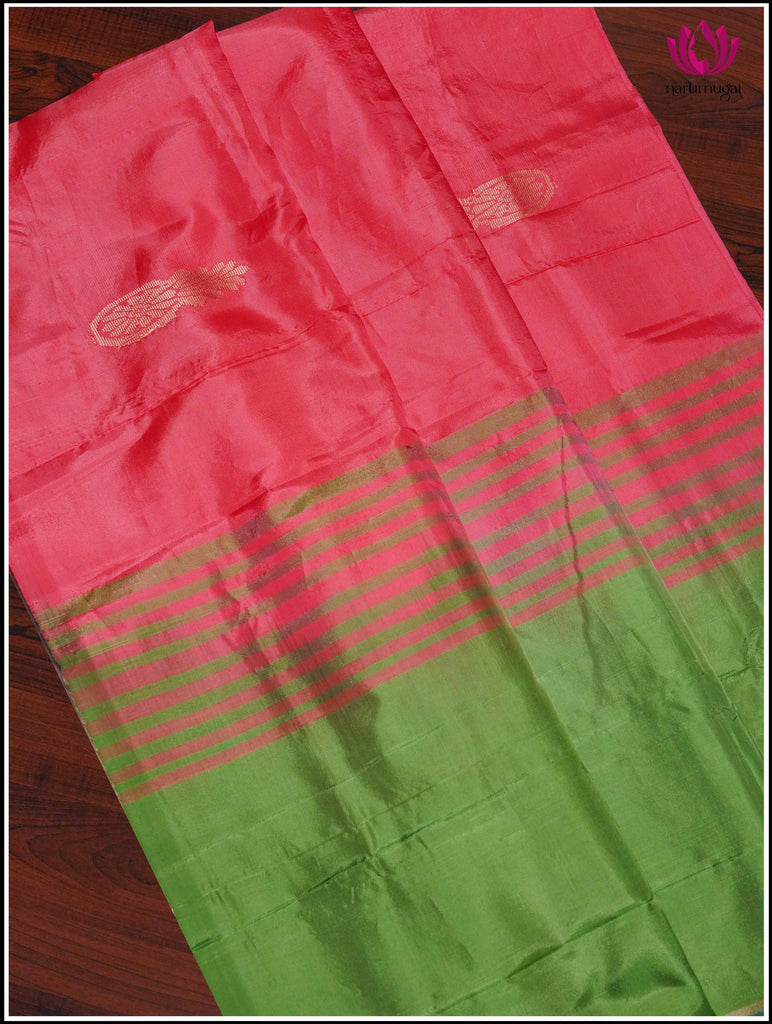 Vegan Silk Saree in Peachish Pink and green 2