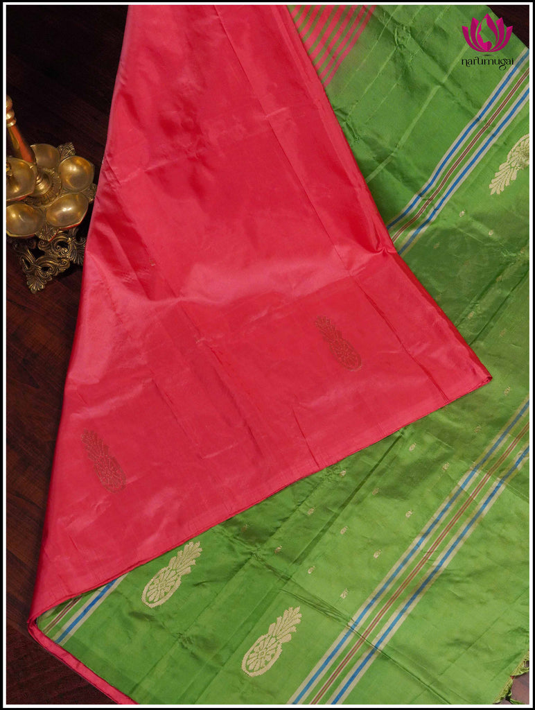 Vegan Silk Saree in Peachish Pink and green 1