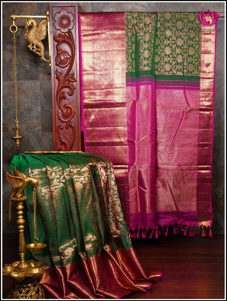 Kanchipuram Silk Saree in Green and Pinkish-red with brocade 14