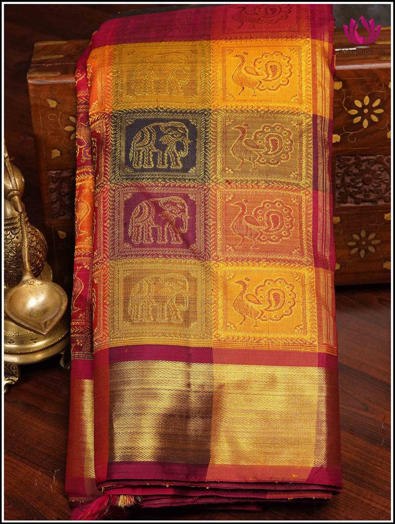 Kanchipuram silk saree in Red with Bomkai like check style 13
