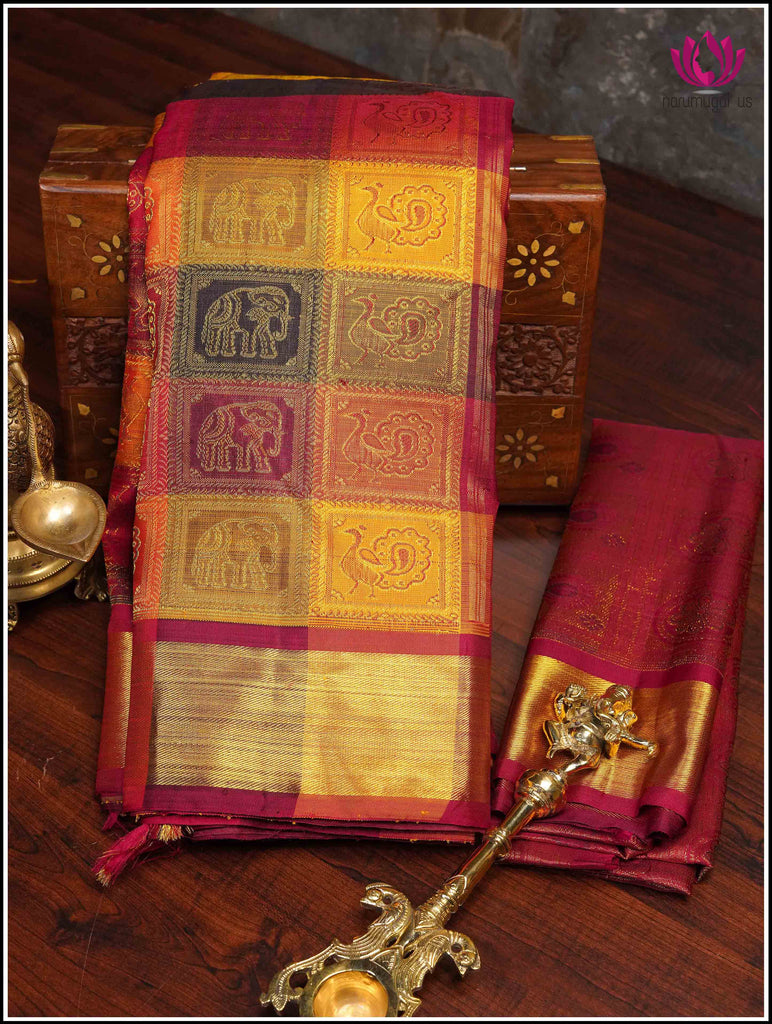 Kanchipuram silk saree in Red with Bomkai like check style 12