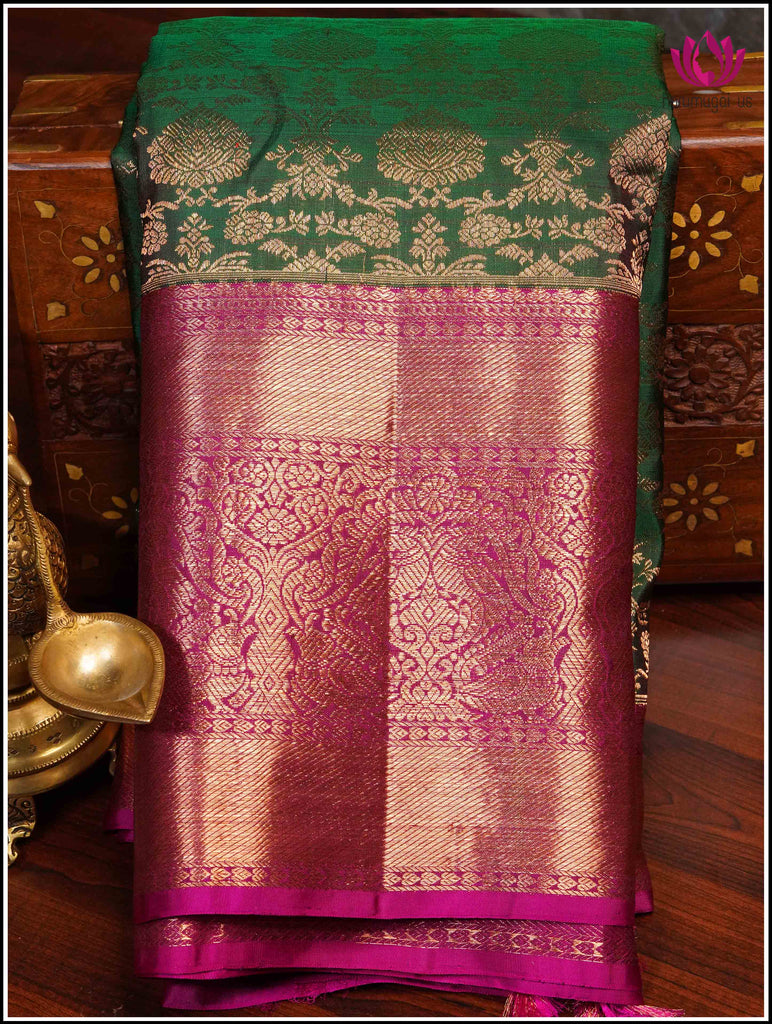 Kanchipuram Silk Saree in Green and Pinkish-red with brocade 15