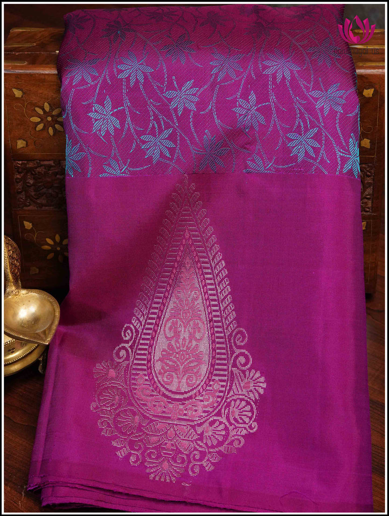 Kanchipuram Silk Saree in an Eggplant Purple with Teal Blue 2
