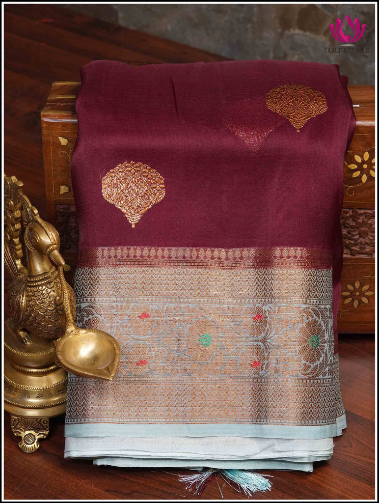Banarasi Kora silk saree in Maroon and Light blue with Meenakari work 12