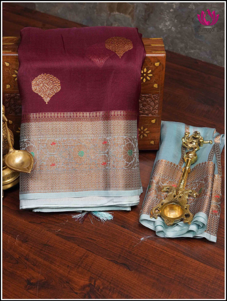 Banarasi Kora silk saree in Maroon and Light blue with Meenakari work 11