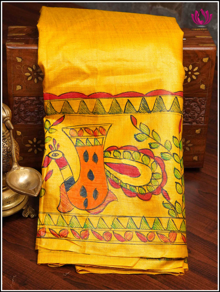  Gachi Tussar silk saree in bright Yellow with hand painted Madhubani - Silk Mark Certified