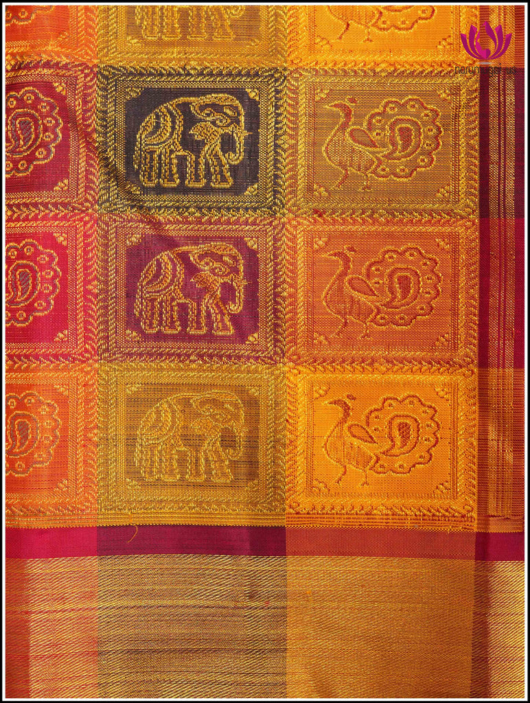 Kanchipuram silk saree in Red with Bomkai like check style 10
