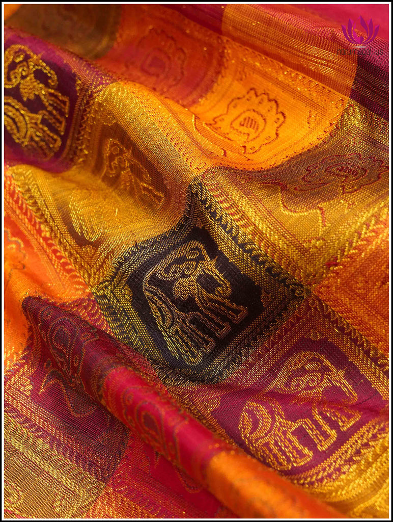 Kanchipuram silk saree in Red with Bomkai like check style 7