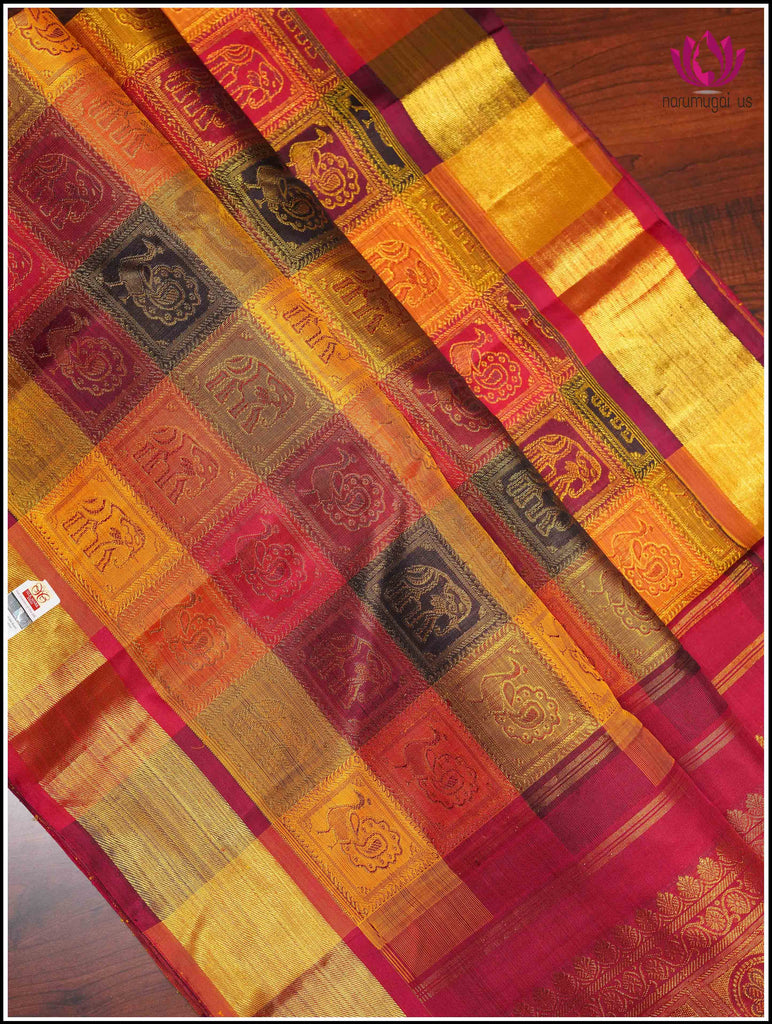 Kanchipuram silk saree in Red with Bomkai like check style 6
