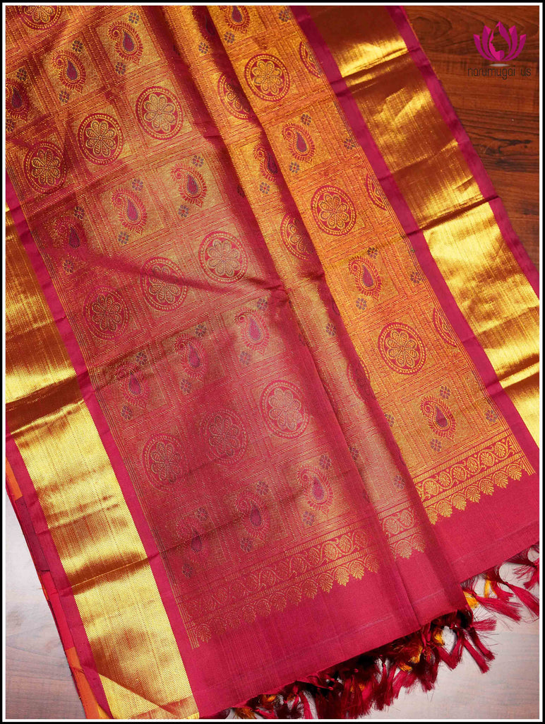 Kanchipuram silk saree in Red with Bomkai like check style 5
