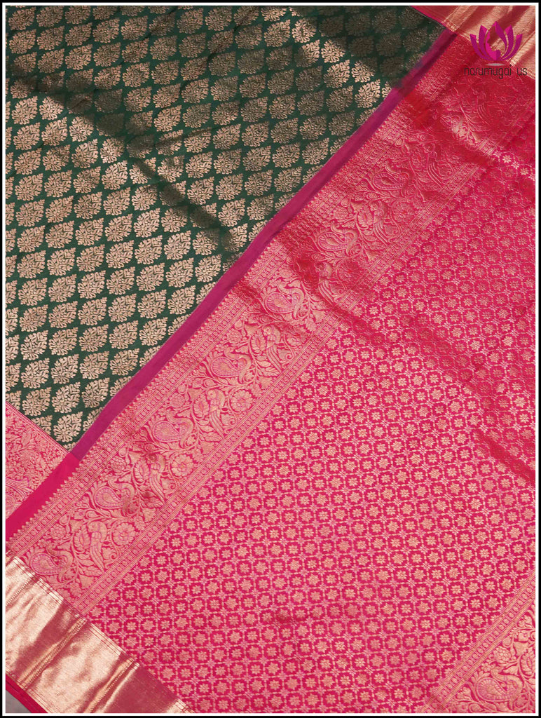 Kanchipuram Silk Saree in Green and Pinkish-red with brocade 4