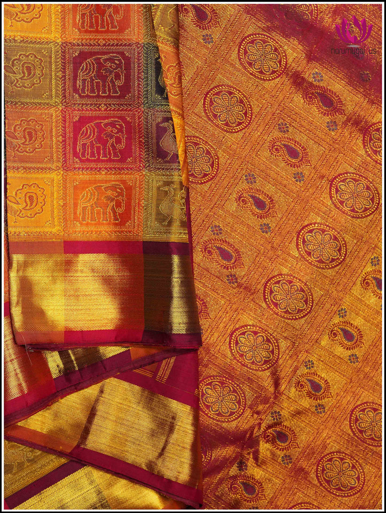 Kanchipuram silk saree in Red with Bomkai like check style 3