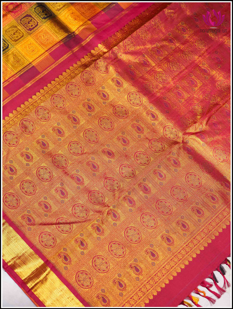 Kanchipuram silk saree in Red with Bomkai like check style 1