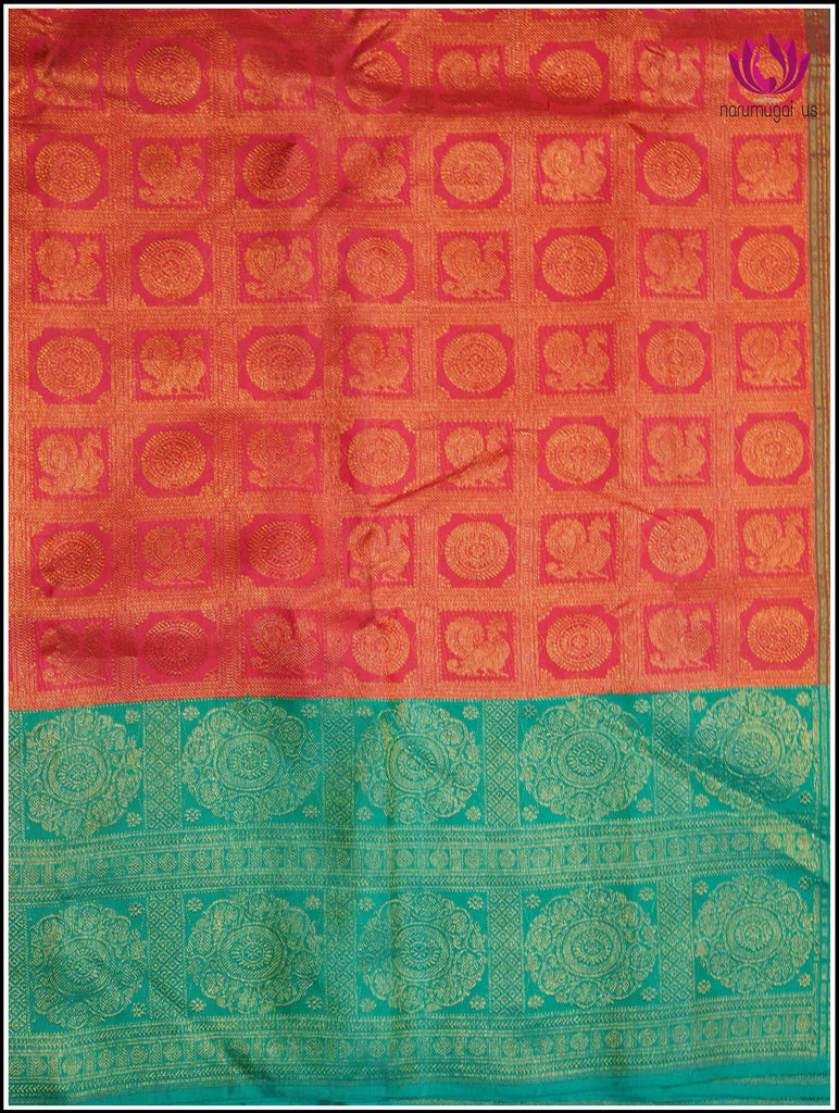 Kanchipuram Silk Saree in Red and Teal Blue 5