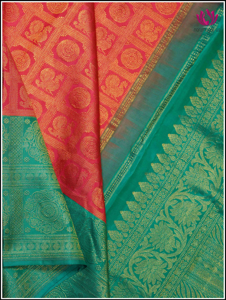 Kanchipuram Silk Saree in Red and Teal Blue 9