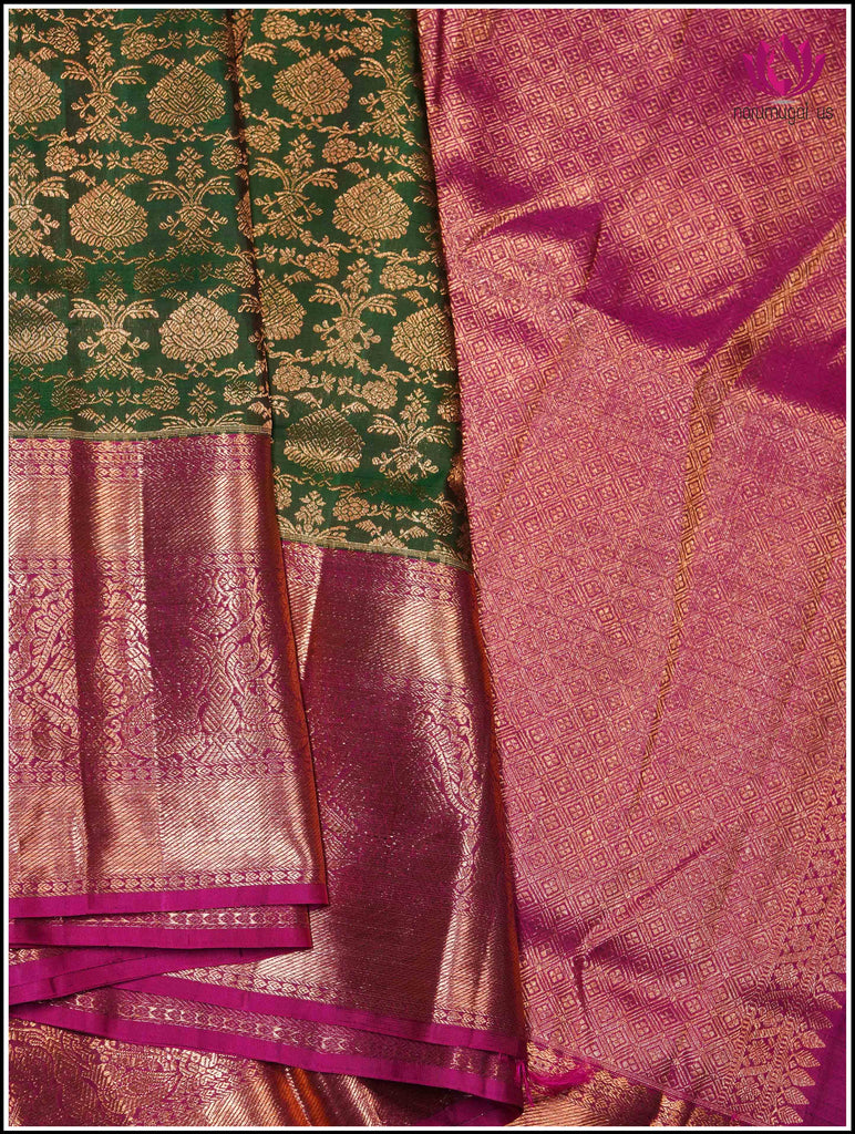 Kanchipuram Silk Saree in Green and Pinkish-red with brocade 24