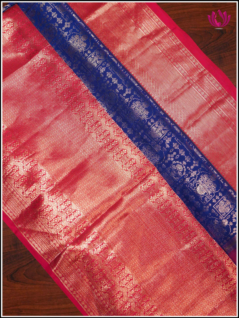 Kanchipuram silk saree in Blue with huge Red border 2
