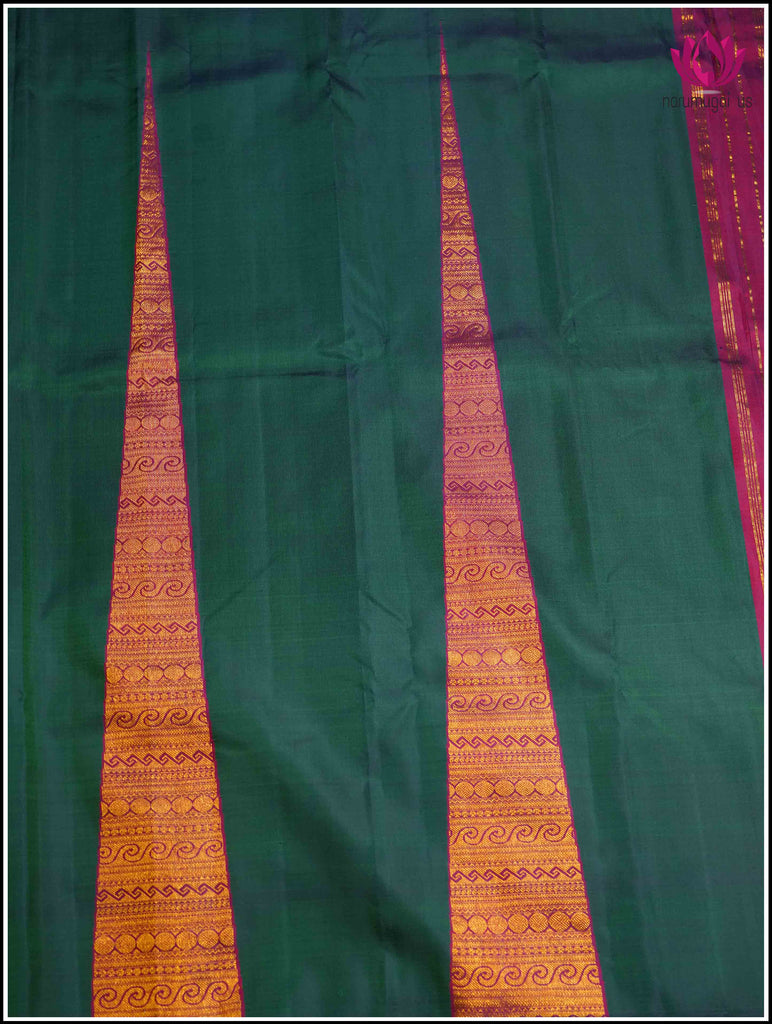 Kanchipuram silk saree in Emerald Green with a Unique zari woven temple design 8