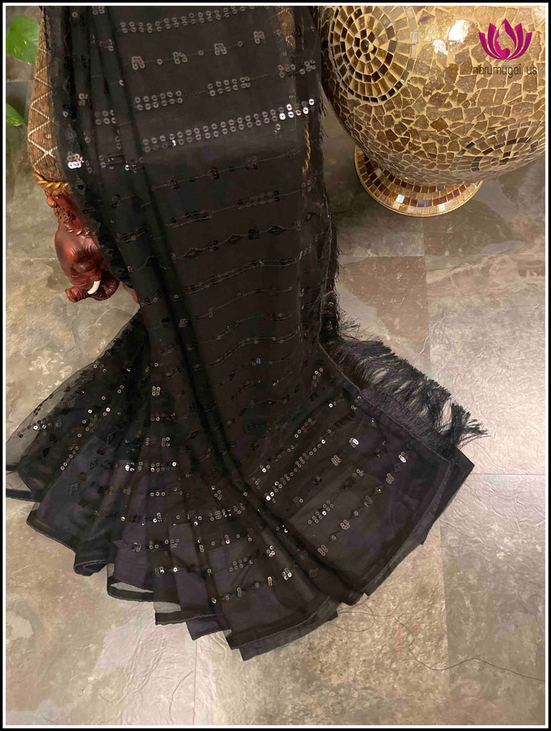 Designer net saree in Back with Black sequins