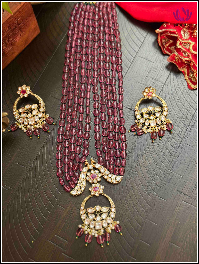 Kundan long mala set with Maroon beads with matching Kundan earrings 5