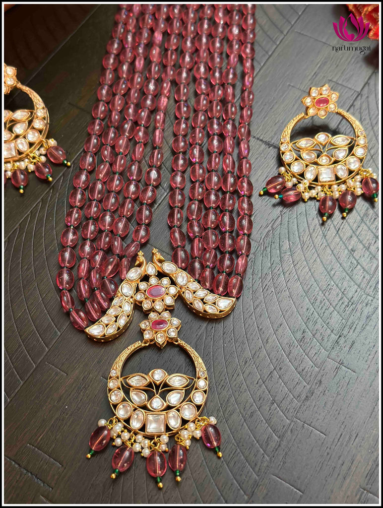 Kundan long mala set with Maroon beads with matching Kundan earrings 4