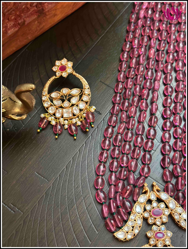 Kundan long mala set with Maroon beads with matching Kundan earrings 3