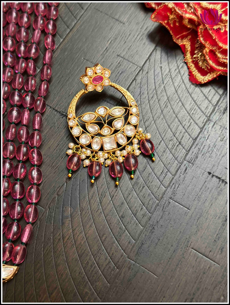Kundan long mala set with Maroon beads with matching Kundan earrings 2
