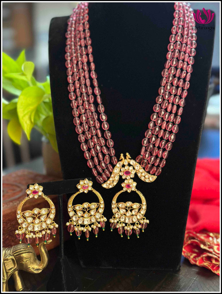 Kundan long mala set with Maroon beads with matching Kundan earrings 6
