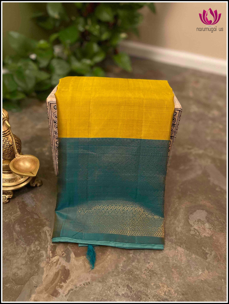 Kanjivaram soft silk in golden Mustard and greenish blue- Silk Mark Certified