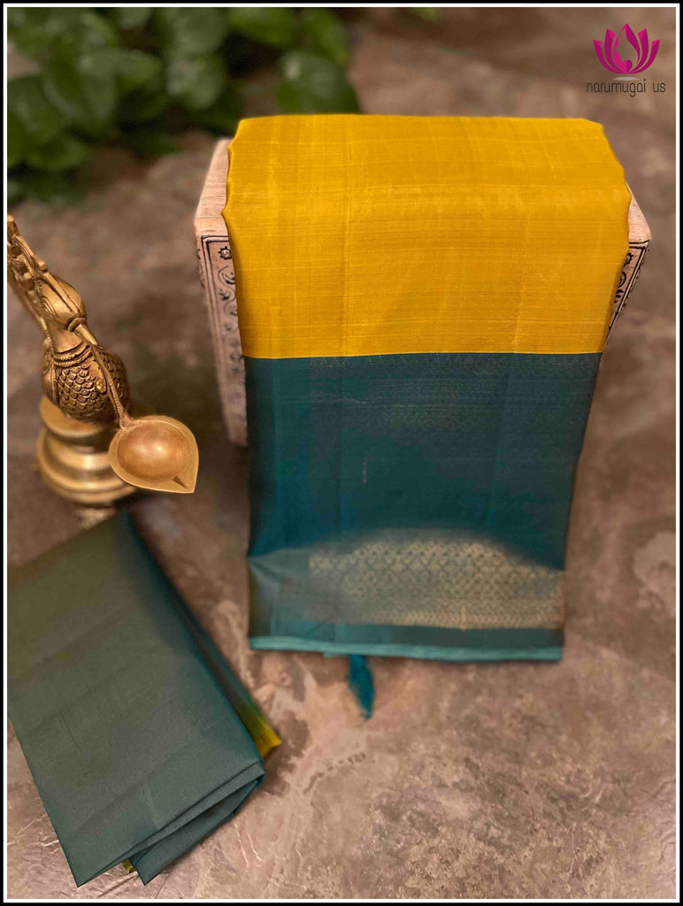 Kanjivaram soft silk in golden Mustard and greenish blue- Silk Mark Certified