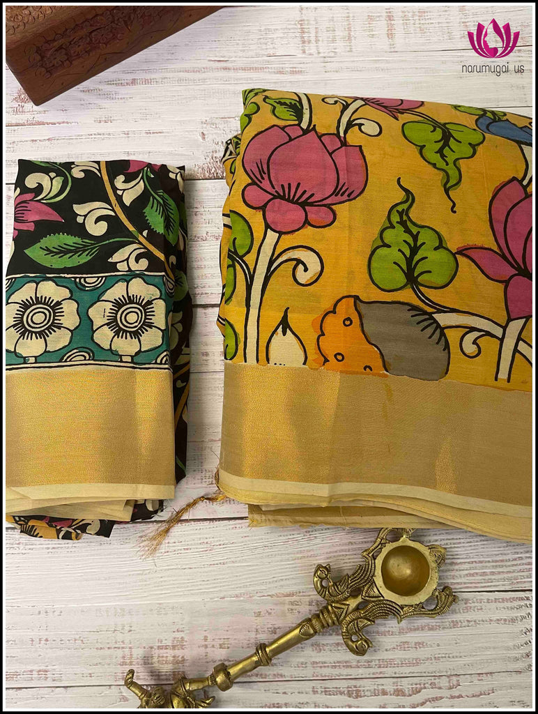 Blended soft silk in Yellow and Half white with authentic pen Kalamkari