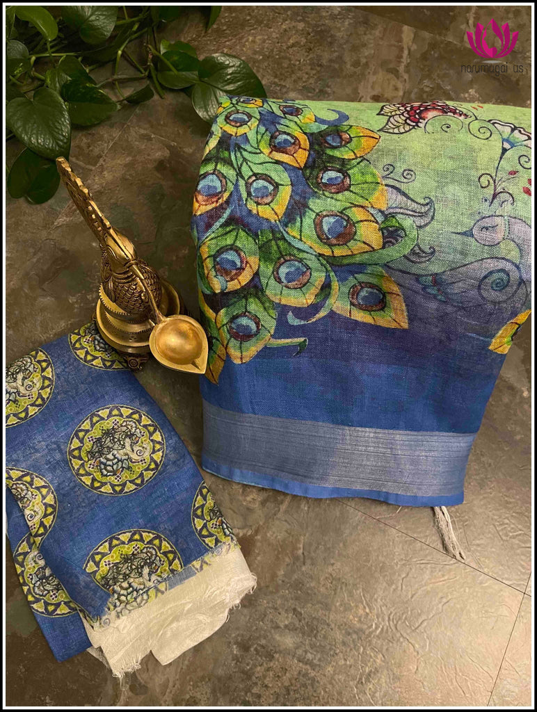 Linen saree in Blue and Green with Peacock digital print