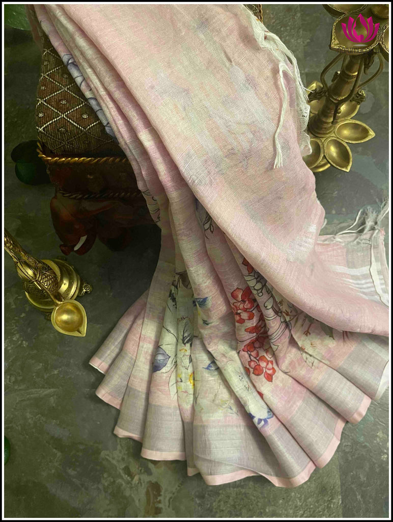Linen saree in baby Pink with floral digital print and Silver zari border